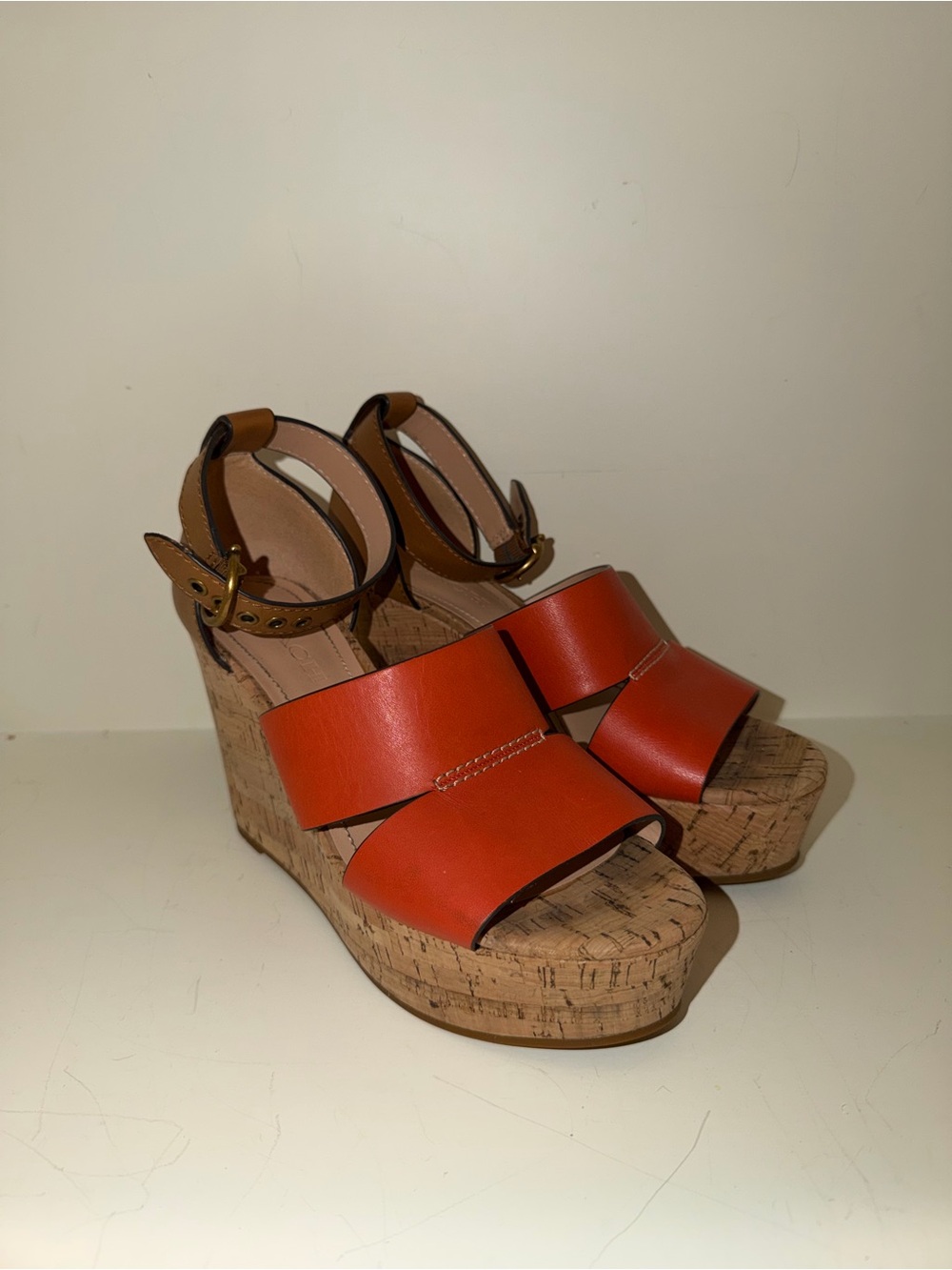 Coach Orange Leather Cork Wedge Sandals
